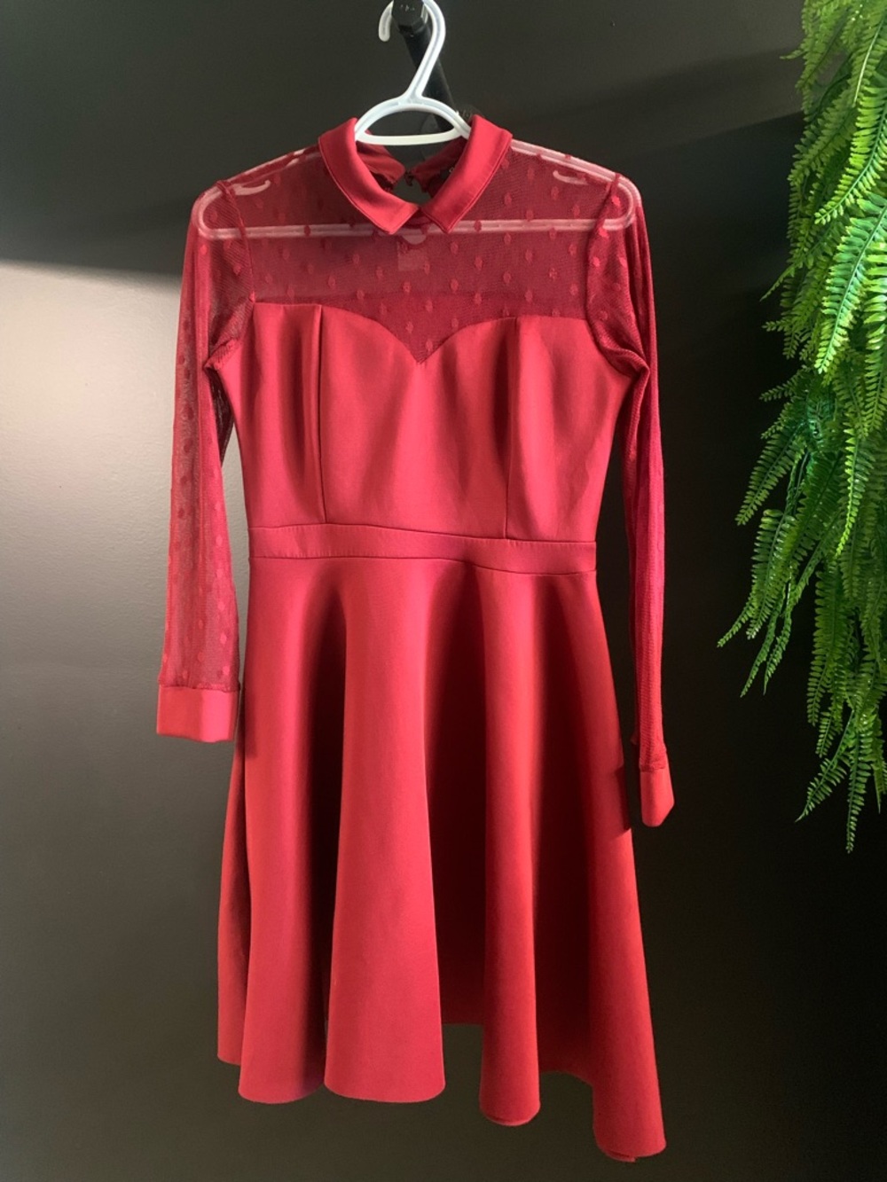 Gossip Red Fit-and-Flare Dress with Sheer Dot Yoke